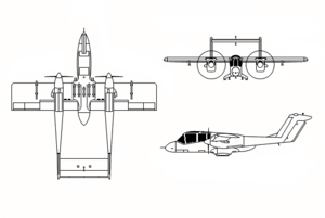 Orthographically projected diagram of the Rockwell OV-10 Bronco.