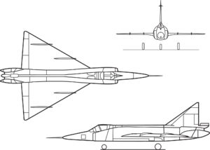 Orthographically projected diagram of the F-102A Delta Dagger.