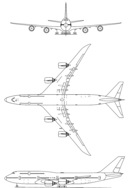 Orthographically projected diagram of the Boeing 747-8 Intercontinental.
