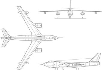 Orthographically projected diagram of B-47E Stratojet.