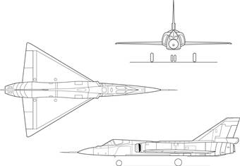 Orthographically projected diagram of the Convair F-106A Delta Dart.