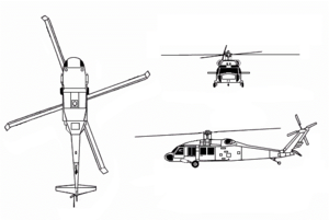 Orthographically projected diagram of the UH-60A Black Hawk.