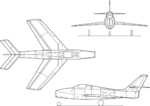 Orthographically projected diagram of the Republic F-84F Thunderstreak.