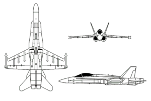 Orthographically projected diagram of the F/A-18 Hornet