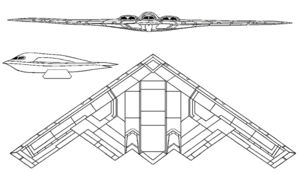 Orthographically projected diagram of the Northrop B-2 Spirit.