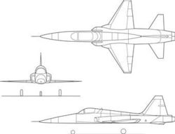 An orthographically projected diagram of the F-5 Freedom Fighter.