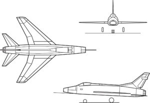 Orthographically projected diagram of the F-100 Super Sabre.