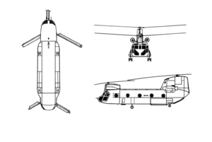 Orthographically projected diagram of the Boeing Vertol CH-47 Chinook.