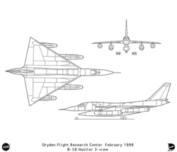 Orthographically projected diagram of the B-58 Hustler.